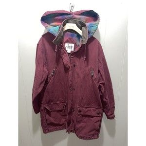 Mulberry Street Women’s Long Jacket Maroon Plaid Rainbow Lined Full Zip Sz XS